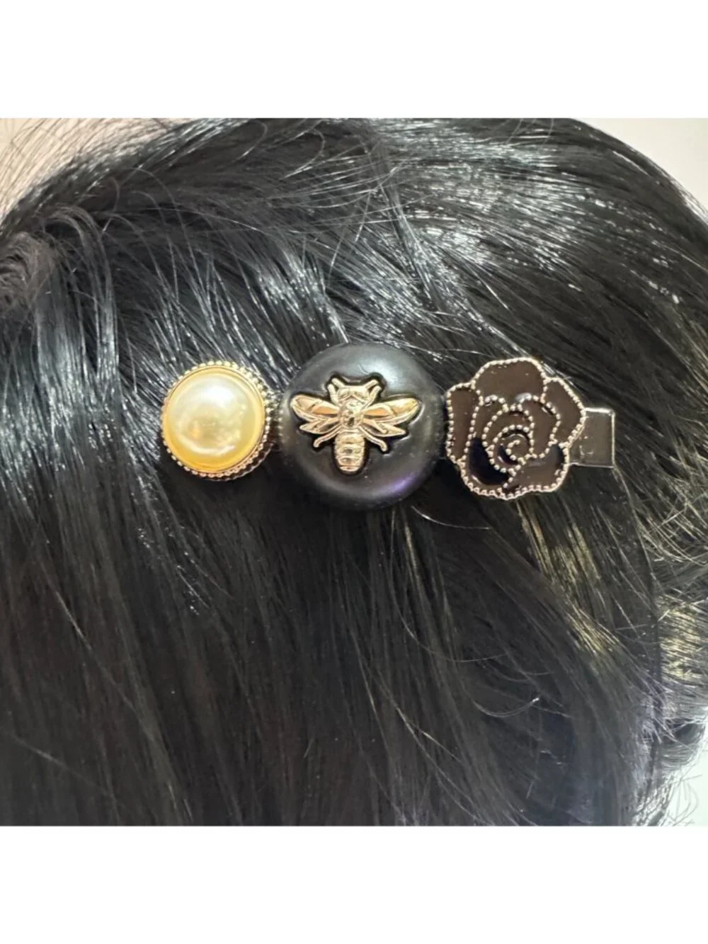 Pearl & Black Hair Clip With Gold Bee & Rose Accents Elegant Accessory  New